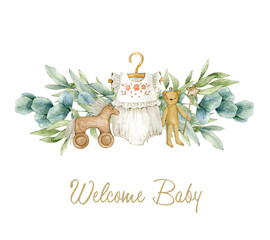 Watercolor illustration card welcome baby with eucalyptus, baby romper, toys. Isolated on white background. Hand drawn clipart. Perfect for card, postcard, tags, invitation, printing, wrapping. - obrazy, fototapety, plakaty