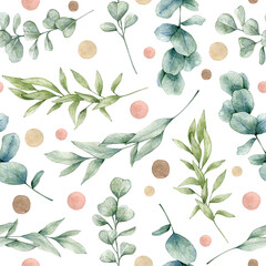 Fototapeta na wymiar Watercolor seamless pattern with green eucalyptus and polka dots. Isolated on white background. Hand drawn clipart. Perfect for card, fabric, tags, invitation, printing, wrapping.