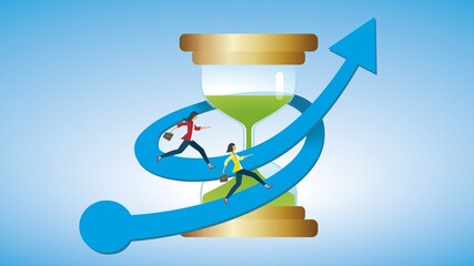 Women running in spiral around hour glass. Vector illustration. Dimension 16:9. EPS10.
