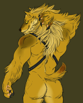 Digital illustration of a strong blond werewolf seen from behind