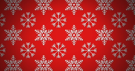Image of christmas decoration pattern with snowflakes moving in formation on red background