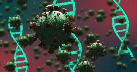 DNA and coronavirus bacteria flying over gradient background.