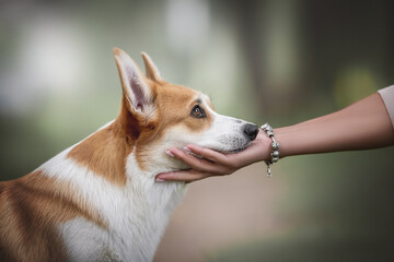 A graceful female hand with a shiny bracelet holding a cute female Welsh Corgi Pembroke with big ears and expressive eyebrows by the little curl against the backdrop of a bright summer landscape