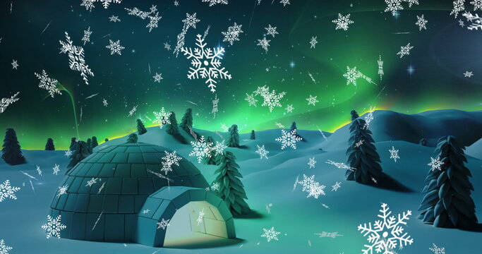 Digital image of snowflakes falling over igloo on winter landscape against moon in night sky