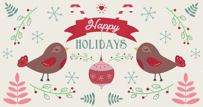 Image of Happy Holidays words with moving birds on Christmas decorations background