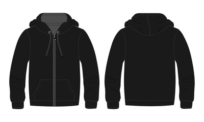 Hoodie. Technical fashion flat sketch Vector template.  Cotton fleece fabric Apparel hooded with zipper sweatshirt illustration black color mock up Front, back views. Clothing outwear Men's top CAD.