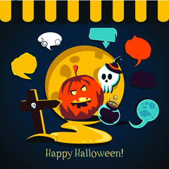 Happy Halloween. Background with pumpkin, potion pot, skull, puddle of fire, witch hat. Set of underlays for inscriptions.