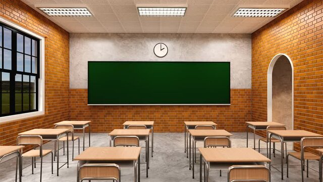 New normal classroom and spacing of tables and chairs to prevent the spread of coronavirus (COVID-19). IEmpty classroom for teach and learn. 3d rendering Interior.