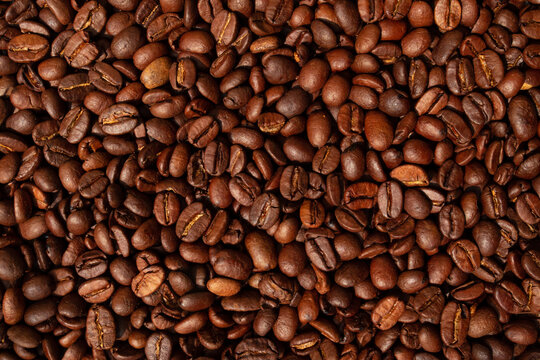 Coffee beans, top view background