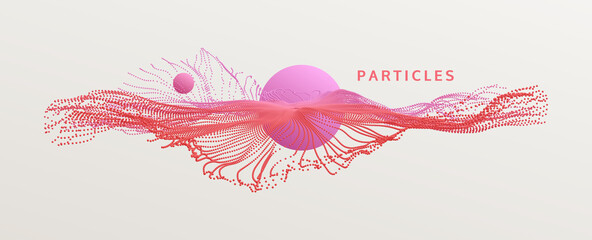 Point explode. Array with dynamic emitted particles. 3D vector illustration for a poster, banner or card about science fiction, galaxy and space. © Login