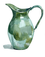 green jug watercolor isolated on white background illustration for all prints.