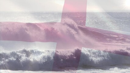 Animation of flag of england blowing over waves in sea - Powered by Adobe