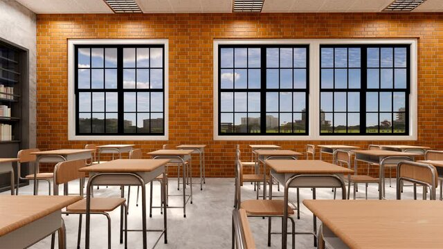 New normal classroom and spacing of tables and chairs to prevent the spread of coronavirus (COVID-19). IEmpty classroom for teach and learn. 3d rendering Interior.