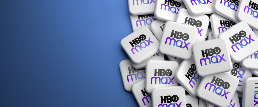 Logos of the on demand video streaming site HBO max on a heap. Web banner size with copy space.