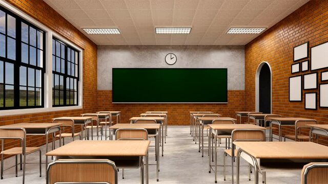 New normal classroom and spacing of tables and chairs to prevent the spread of coronavirus (COVID-19). IEmpty classroom for teach and learn. 3d rendering Interior.