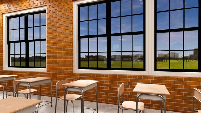 New normal classroom and spacing of tables and chairs to prevent the spread of coronavirus (COVID-19). IEmpty classroom for teach and learn. 3d rendering Interior.