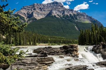 beautiful waterfall. Falls Athabasca in a deep canyon in the north of Canada. Jasper, Canada, Athabasca falls, Acefield pkwy, hiking