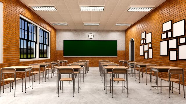 New normal classroom and spacing of tables and chairs to prevent the spread of coronavirus (COVID-19). IEmpty classroom for teach and learn. 3d rendering Interior.