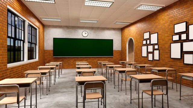 New normal classroom and spacing of tables and chairs to prevent the spread of coronavirus (COVID-19). IEmpty classroom for teach and learn. 3d rendering Interior.