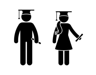 Stick figure graduate teenage boy and girl vector icon illustration set. Young students standing with diploma wearing cap, hat with tassel silhouette pictogram on white background