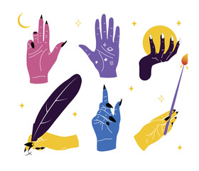 Set of mystical icons of female hands doing magic, hand gestures with crystal ball, candle, raven feather, crescent moon and stars