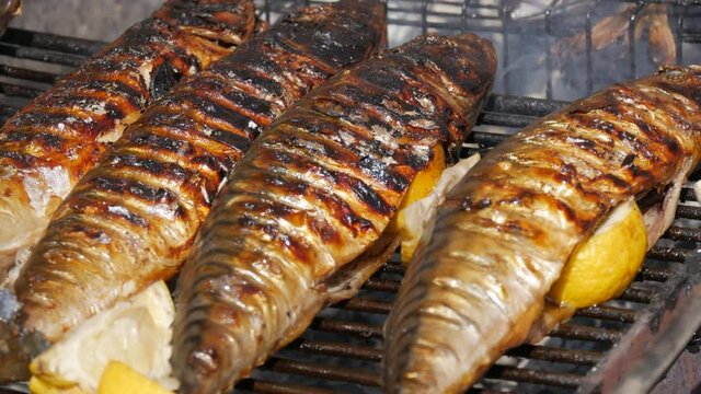 Delicious juicy grilled mackerel fish stuffed with lemons. Fish grill, street food festival, picnic in nature