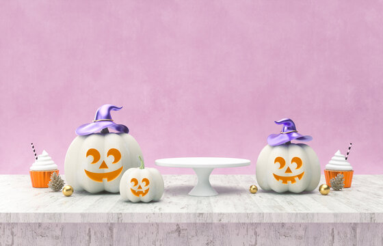 Halloween pumpkins on wooden table. Halloween background. 3d rendering.