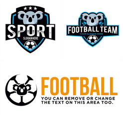 Shield badge sport football team training with icon ball koala and star logo design