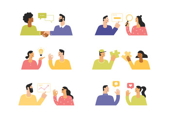 Vector cartoon characters for web and mobile apps. Social and business concept. Interaction between people. Solution problems, new ideas, handshake. Flat design, modern style, isolated on white  © Marina