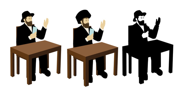 An ultra-Orthodox Jew, observant. Says the blessing of food. Holding a prayer sheet in his hand. Sitting at a table. Wearing a hat and suit and streimel the head.
Colorful vector And black silhouette