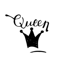 Vector hand drawn crown icon vector with text queen. Lettering. Drawing.