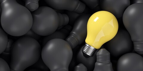 A good idea among bad ideas. One yellow lightbulb over several black lightbulbs. 