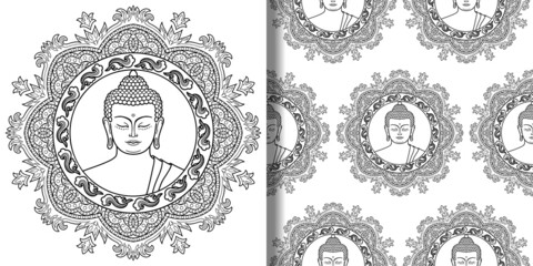 Buddha with mandala print and seamless pattern
