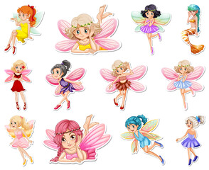 Fototapeta na wymiar Set of stickers with beautiful fairies and mermaid cartoon characters