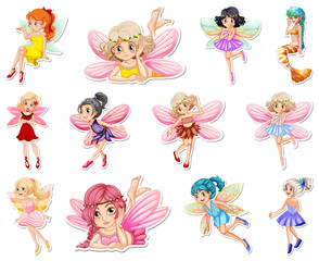 Obraz premium Set of stickers with beautiful fairies and mermaid cartoon characters
