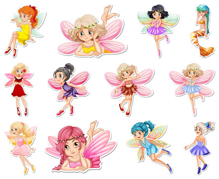 Set of stickers with beautiful fairies and mermaid cartoon characters