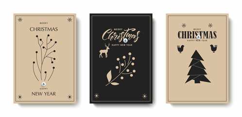 A Christmas greeting card.Design of a New Year's invitation.Geometric style of linear art.An elegant holiday card with a Christmas decor, a deer, snowflakes,a sprig of berries, birds