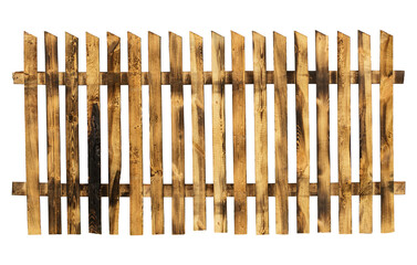 Wooden burnt fence isolated on white background. Rough old wood texture. Aged planks hammered in a row. Charred lumber for rustic decor.