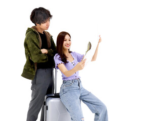 Happy Asian woman and man traveler with yellow luggage suitcase, holding map (mockup), standing on white background, couple tourists traveling together