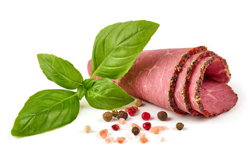 Smoked tenderloin slices, isolated on white background.