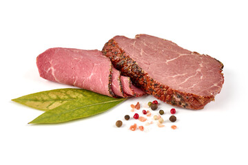 Slices of smoked loin, isolated on white background.