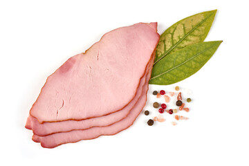 Sliced smoked pork loin, isolated on white background.