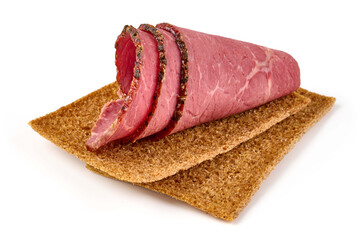 Smoked tenderloin sandwich, isolated on white background.