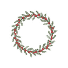 Hand drawn vector illustration of Christmas fir wreath with red berries. Isolated on white background.