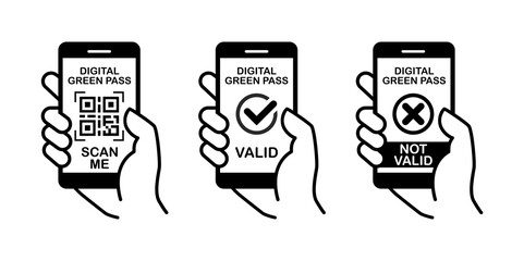 Digital Green pass icons Valid and Invalid . Access to free movement during the coronavirus pandemic. Line art vector on transparent background. - obrazy, fototapety, plakaty