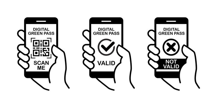 Digital Green pass icons Valid and Invalid . Access to free movement during the coronavirus pandemic. Line art vector on transparent background.