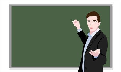 Vector illustration with background for a banner. An empty field for your text. A man, teacher, tutor explains at the blackboard. Education, preparation for exams. 