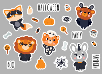 A set of stickers for Halloween. Vector illustration with animals and objects for the holiday