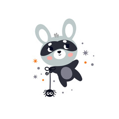 Bunny in a Halloween costume with a spider. Cute children's illustration in the Scandinavian style