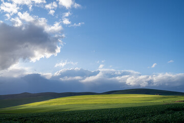 Obraz premium Rolling hills and farmland lit but sunlight shining through clouds. Near Greyton. Overberg. Western Cape. South Africa